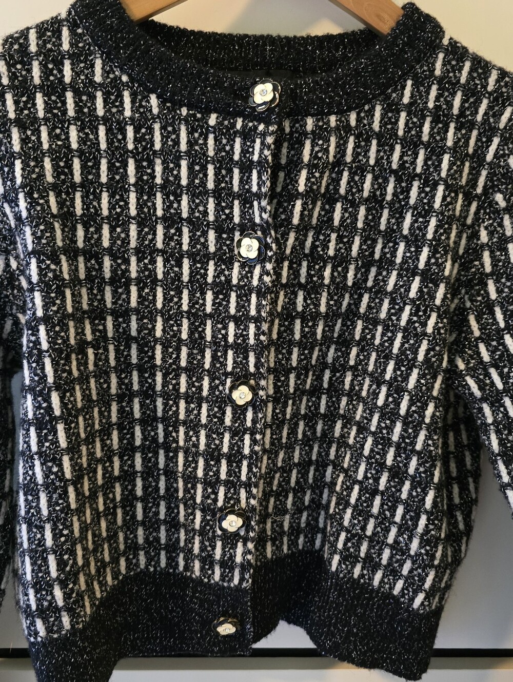 Cider Black and White Textured Knit Cardigan with Floral Buttons